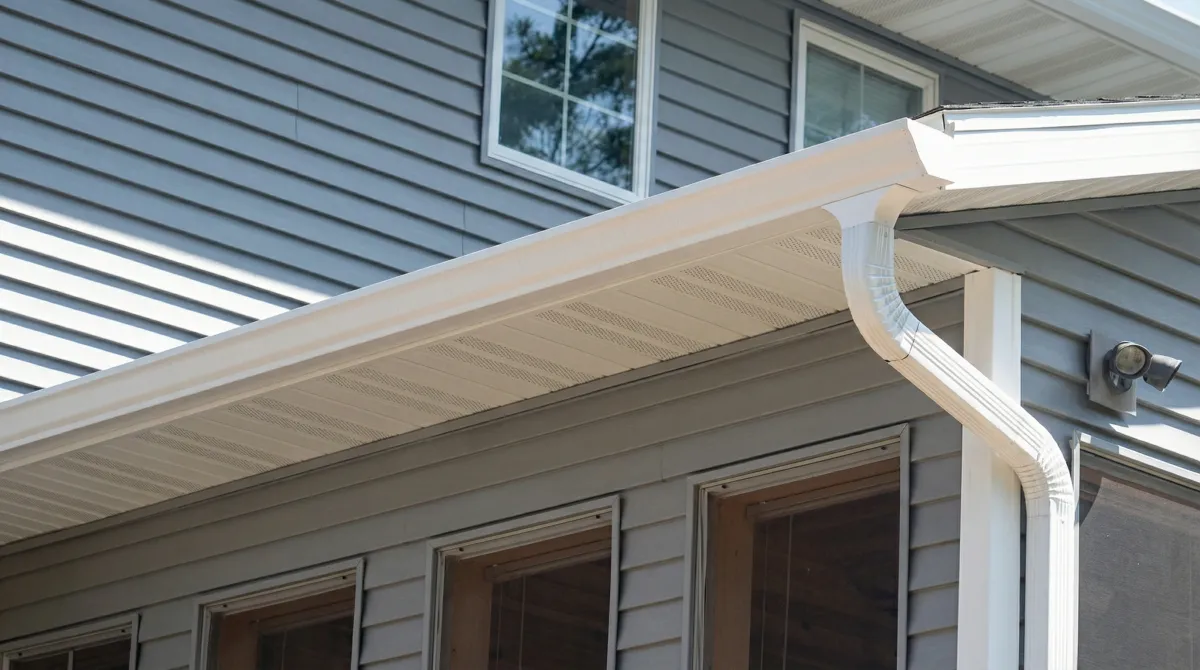 Professional home remodeling project showing newly installed white seamless gutters and downspouts on a house with gray siding in Newark, NJ