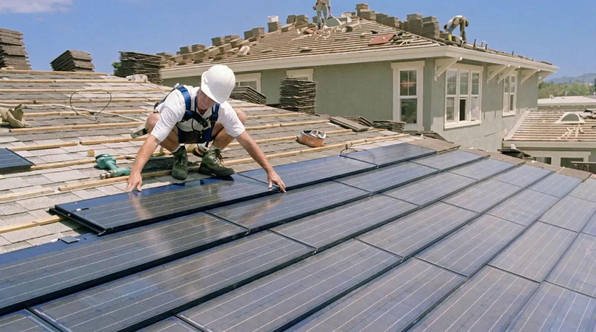 Roof replacement expert installing modern solar shingles on a residential home in Newark, NJ
