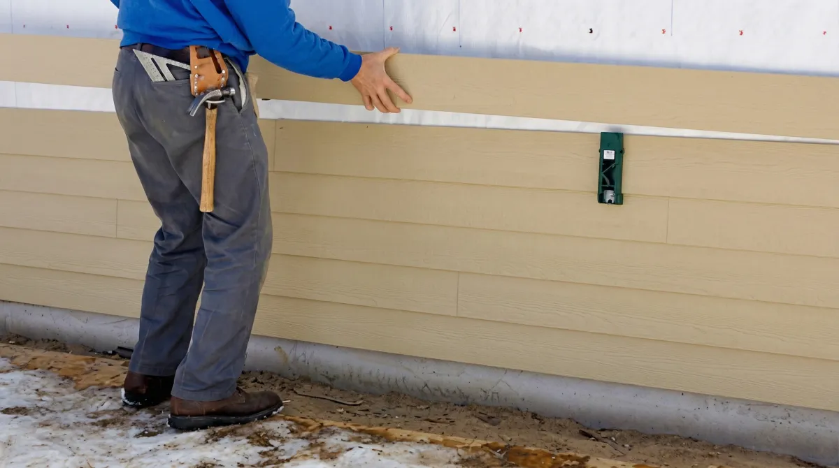 Siding replacement expert carefully aligning a new tan siding panel onto a residential exterior wall in Newark, NJ