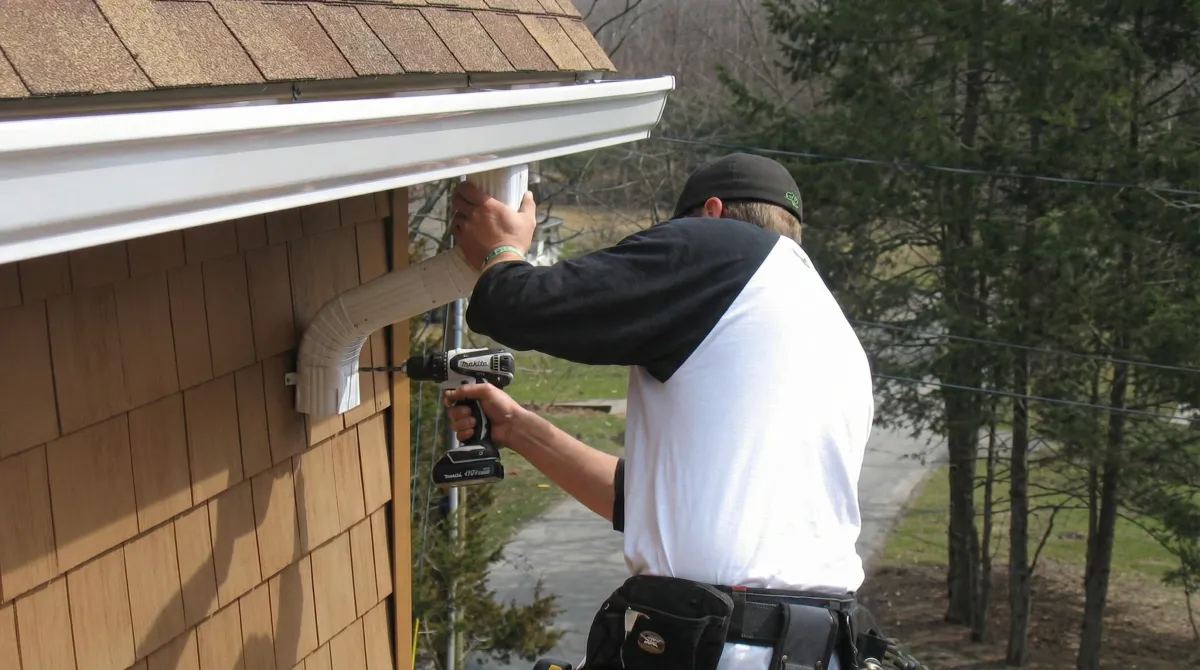 Professional contractor installing tan vinyl siding panels on a residential home exterior in Newark, NJ