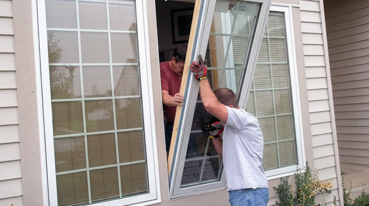 Professional home remodeling team installing a large replacement window on a house with tan siding in Newark, NJ